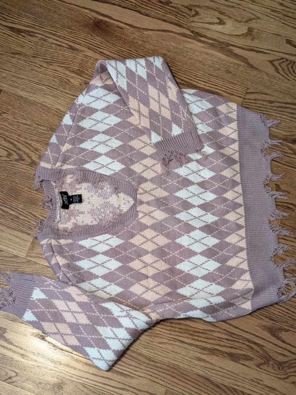 Just Polly Argyle Crop V-Neck Frayed Hem, Size XL - Picture 2 of 4